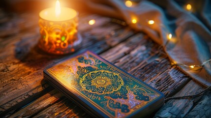 The High Priestess tarot card on a polished wooden background, isolated and enhanced by studio lighting, perfect for advertisement use