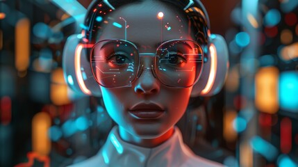 virtual assistant, Cyborg woman with futuristic glasses. 3d rendering, 3d illustration.