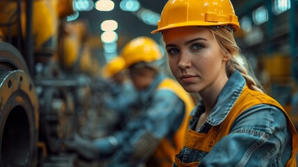 Factory workers wearing safety gear, operating heavy machinery in a metalworking plant, emphasizing industrial safety.