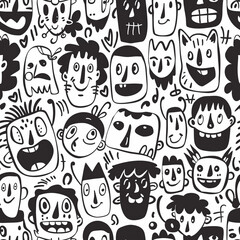Fototapeta premium diverse doodle faces seamless pattern