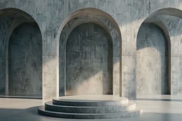 A cylindrical concrete podium in a hall with arches, designed for product display on a clear background, conveying an exhibition concept