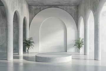 Fototapeta premium A cylindrical concrete podium in a hall with arches, designed for product display on a clear background, conveying an exhibition concept