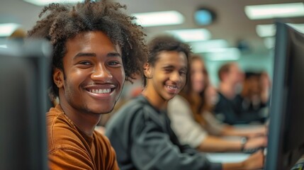 Young Man Smiling at Camera in Computer Lab