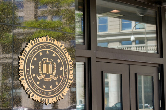 Washington DC, USA - 2 May 2024: Entrance to the headquarters of the FBI in the J Edgar Hoover building in downtown Washington DC