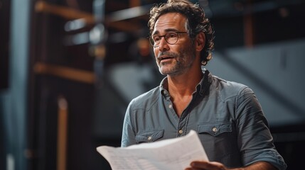 Middle-aged Male Actor Rehearsing Script on Stage in Industrial Setting
