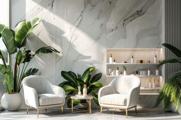 Mock up empty platform with armchairs and shelf with cosmetics