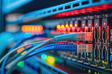 Close-up of network cables connected to a server in a data center