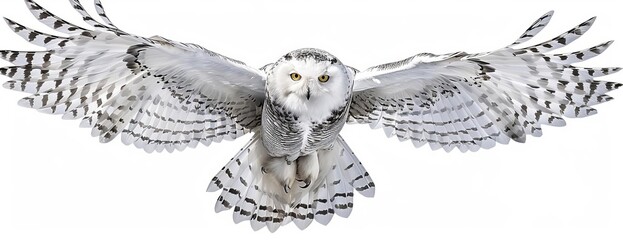 Elegant long shot of a snowy owl in flight, wings spread wide, intricate feather patterns, isolated on a crisp white background