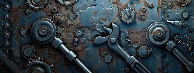 engineering plumbing fixing and repair services banner. metal background of mechanical tools and pipes of cogs and wheels and wrench bolts