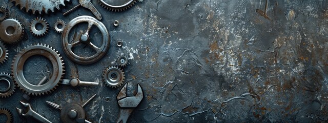 engineering plumbing fixing and repair services banner. metal background of mechanical tools and pipes of cogs and wheels and wrench bolts