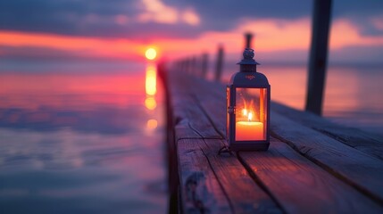 Serene Sunset over a Pier with Candle Lantern