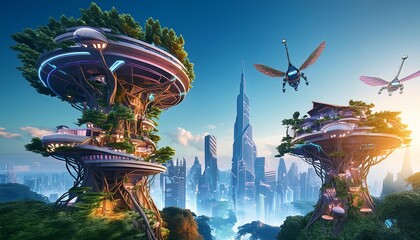 Futuristic eco-friendly city featuring tree-like buildings and flying vehicles, showcasing advanced technology and sustainable living in a vibrant and innovative urban environment.	