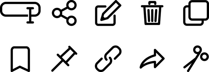 Cut, copy, paste, rename, share, save and delete, simple icon set symbol collection in line style, vector illustration