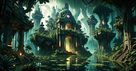 Fototapeta premium gothic baroque city monument building in forest island marsh wetland swamp in summer. cyberpunk goth palace castle tower surrounded by water and overgrowth nature landscape.