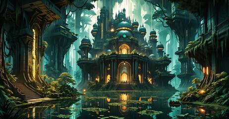 gothic baroque city monument building in forest island marsh wetland swamp in summer. cyberpunk goth palace castle tower surrounded by water and overgrowth nature landscape.