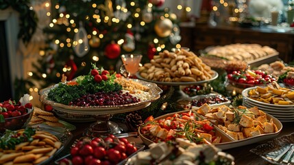 Fototapeta premium Christmas Dinner table full of dishes with food and snacks