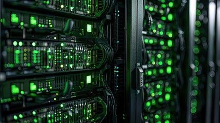 Fototapeta premium a green and black server rack against a softly blurred background, highlighting the technological backbone of modern digital infrastructure.