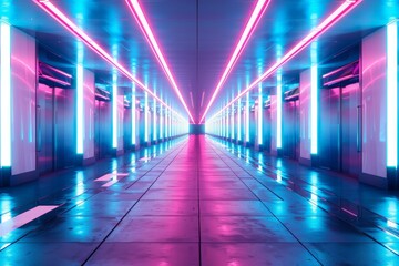 Fototapeta premium Vibrant Cyber Hallway with Purple Lights and Blue Reflection