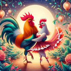 Obraz premium Dancing bird couple: a hen and a rooster, elegant waltz in cartoon style in a nature ballroom