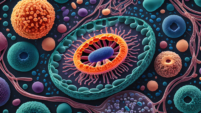3D illustration of the biological cell, featuring details like mitochondria, nucleus, and ribosomes