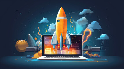 Rocket launching from laptop. Concept of startup, new business, online education, e-commerce, digital marketing, etc.