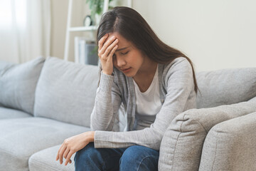 Sad, unhappy. Alone asian young woman, girl expression face thinking about problem, difficulty,...