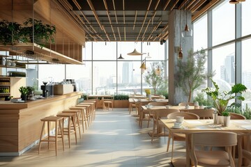Fototapeta premium Modern cafe interior with chairs and eating tables with sofa, panoramic window