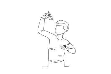 
Continuous one line drawing of Boy playing with paper airplanes, child day concept. Modern continuous line draw design graphic vector illustration
