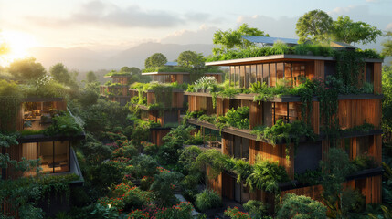 Obraz premium A row of houses with green roofs and trees growing on them