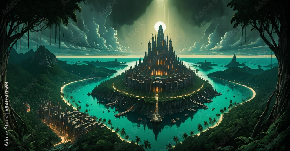 Canvas Prints gothic cyberpunk city base island forest surrounded by ocean sea water. goth futuristic sci-fi town  - Canvas Prints
