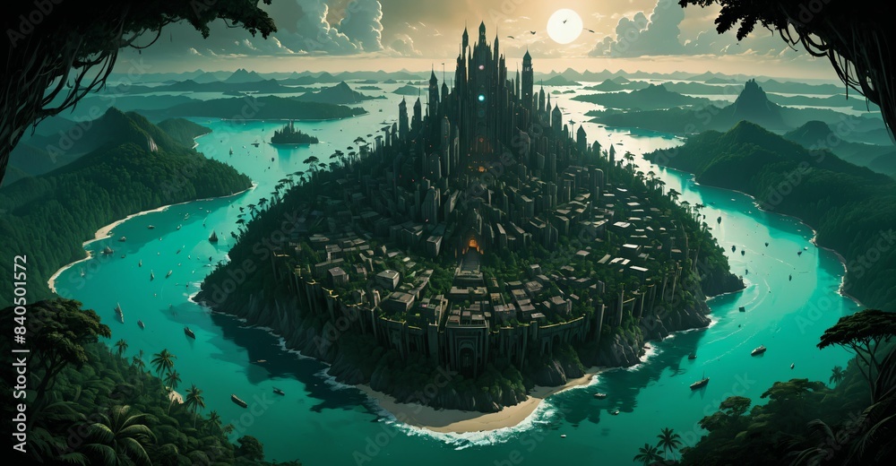 Wall mural gothic cyberpunk city base island forest surrounded by ocean sea water. goth futuristic sci-fi town  - Wall murals