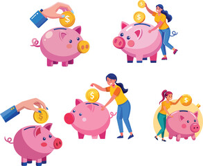 Woman inserts coin into piggy bank-