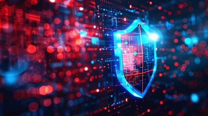 A network protection icon with textures in the lowerright third against a cyber network background