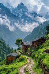Obraz premium Serene Alpine Village in the Himalayas