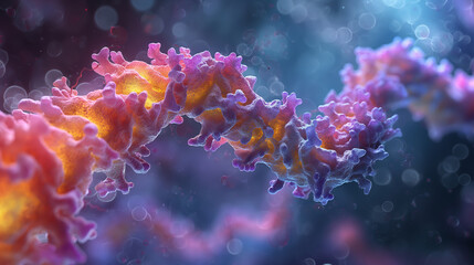 Fototapeta premium Abstract colorful chain, resembling a biological molecule, in a vibrant blue and purple background with bokeh effect.