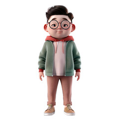 A young man wearing glasses, a green jacket, and beige pants isolated on transparent background