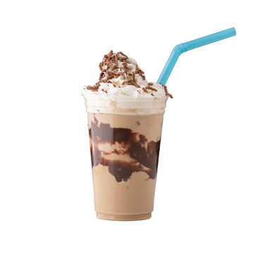 iced coffee with cold brew chocolate syrup with whipped cream chocolate sprinkles blue straw