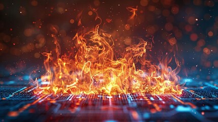 A realistic firewall graphic in the lowerleft third against a technical diagram background