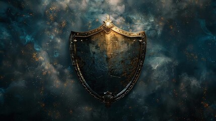 Fototapeta premium A realistic shield symbol with textures in the upperright third of the frame on a digital background