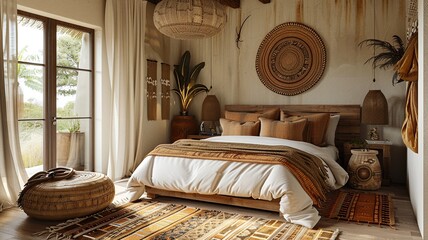This image highlights an elegant and sophisticated modern African bedroom, featuring a luxurious four-poster bed adorned with flowing silk drapes, exuding contemporary charm and style.