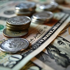 Money Stack with Coins on Counter