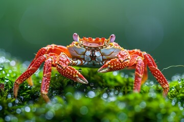 Vivid Red Crab perched on moss-covered rocks with a shallow depth of field