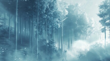 Ethereal Misty Forest - Tranquil Minimalist Artwork of a Mythical Realm