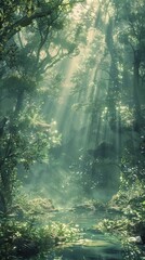 Enchanted Tranquility: Ethereal Fantasy Landscape of Serene, Mystical Forest Bathed in Soft Light