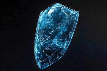 Panoramic perspective, black background, a blue protective shield floating in the air, the shield is made of blue glass material, with faint Tindar light at the top