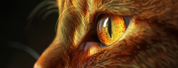 Tilted angle view of glowing orange cat eyes, luminescent against a pitch-black background, close up, hyper-realistic digital rendering