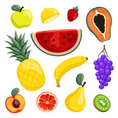 Set of different fruits and berries. Bright cartoon vector flat cliparts for summer design