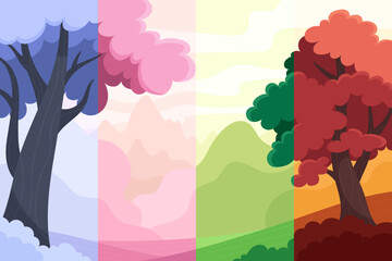 Beautiful all seasons landscape in cartoon flat style. Mountains, fields and hills top view