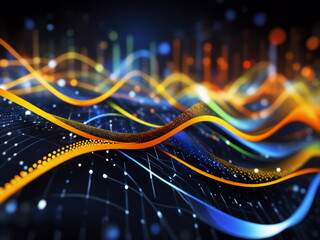 Abstract background ideal for digital, technologies, data science, scientific, neural networks, AI, network, data transmission and analysis, audio and visual concept.
