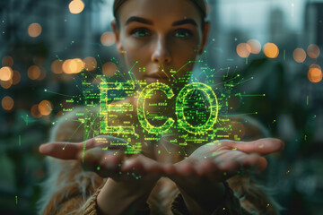 A woman holds the word "ECO", surrounded by data and technological green eco elements.